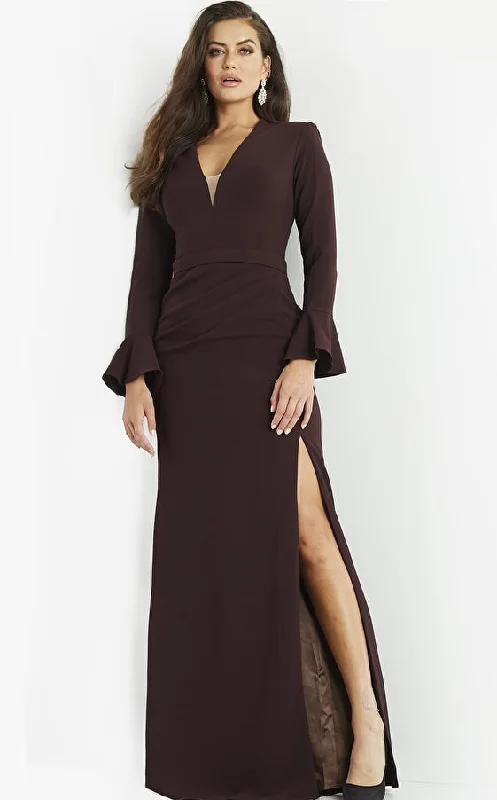 Buy More, Save More Vintage Charm Jovani 09097 Plum Plunging Neck Long Sleeve Evening Dress