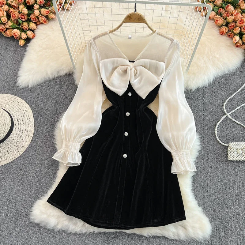 New Season Fashion Preview Disco - Inspired Retro Dance Look Cute V-Neck Bow Long Sleeve Dress Black Fashion Dress  10883