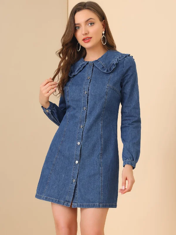 New Arrivals Feminine Charm Button Down Long Sleeve Ruffle Collar Denim Over Knee Dress