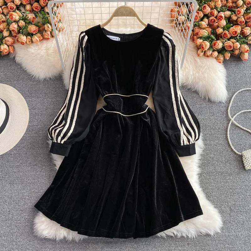 New Season Fashion Preview Sale Rustic Countryside Charm Look Quality waist stripe long sleeve fake two piece velvet dress  3229