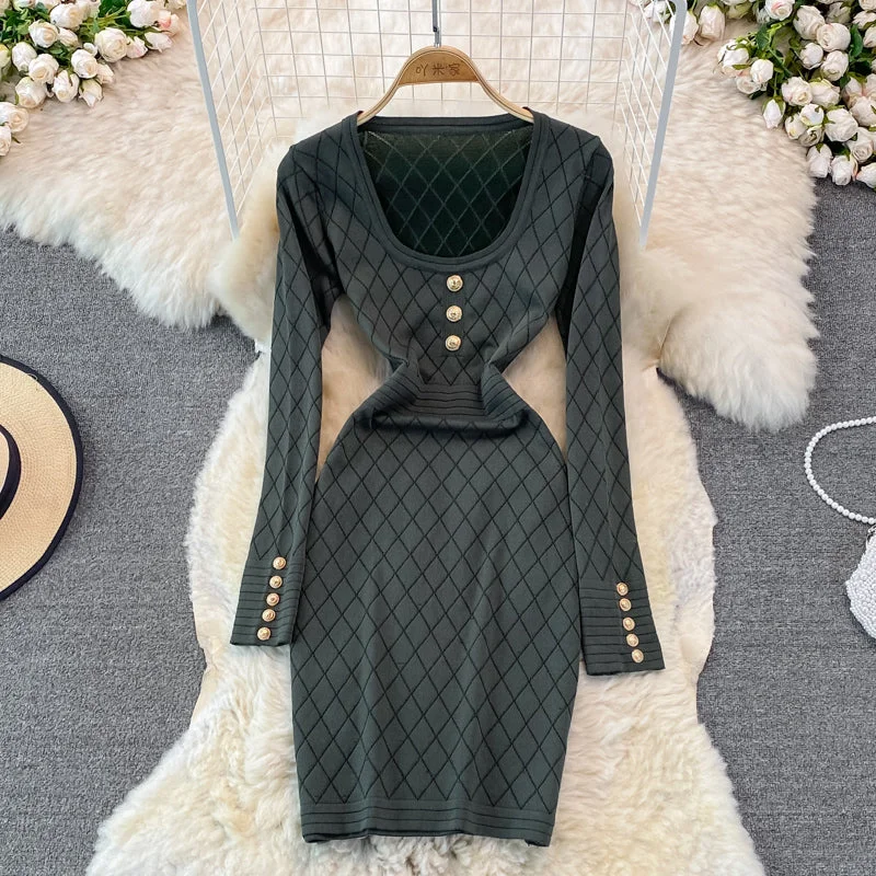 Playful Fashion Offers Minimalist Chic Long sleeve sexy personalized square neck knitted bag hip bottomed dress  3781