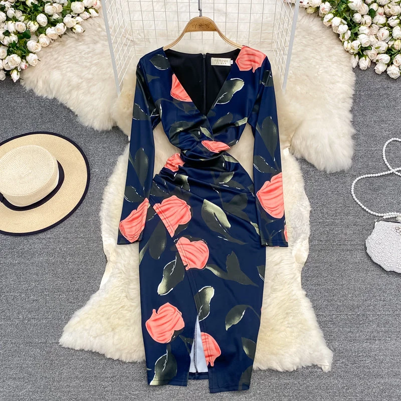 Street Chic Discounts Dreamy Aesthetic Sexy waist closing V-neck open hip wrap dress long sleeve  3787