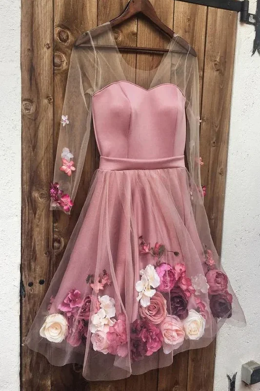 Hot Brand Discounts Feminine Grace Pink V-Neck 3D Applique Short Prom Dress Long Sleeves Homecoming Dress gh2273