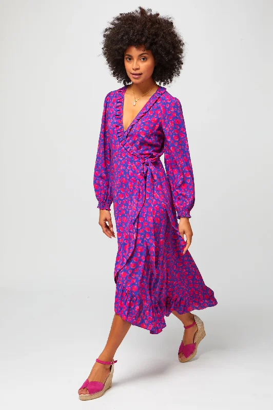 Must Haves Feminine Elegant Demi Long Sleeve Wrap Dress | Cheetah Blue/Pink