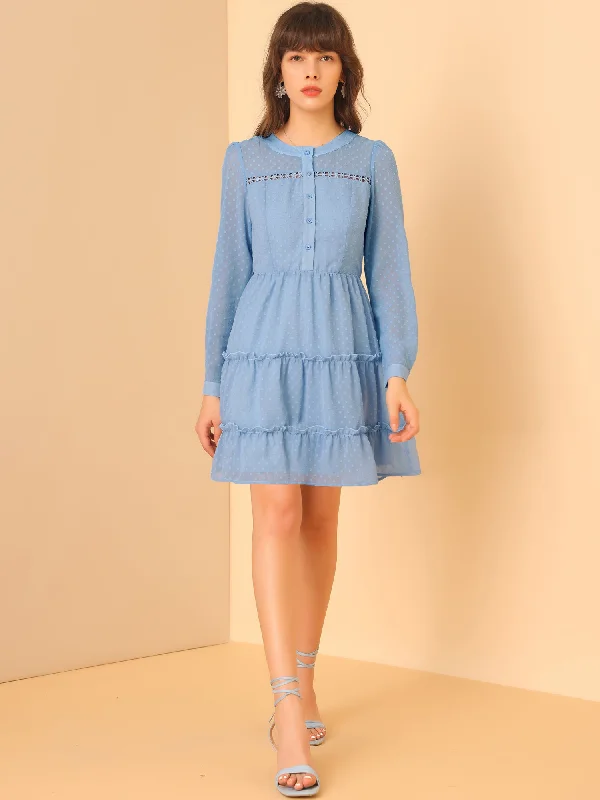 Limited Edition Casual Elegance Long Sleeve Swiss Dot Elastic Waist A-Line Tiered Flowy Chiffon Dress