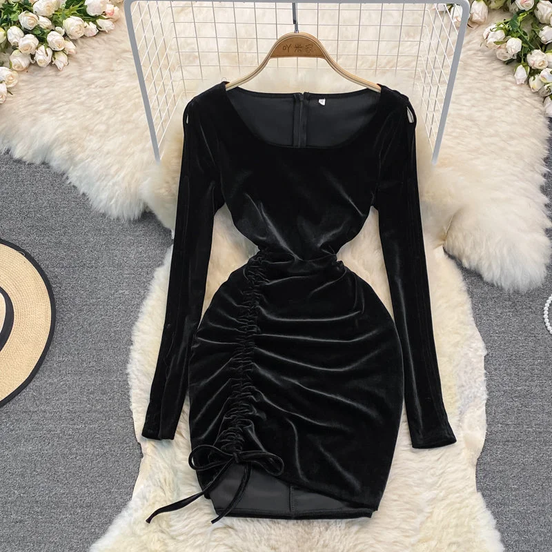 Limited Stock, Big Sale Minimalist Office - Ready Style Black Velvet Long Sleeve Dress Sexy Dress  10948