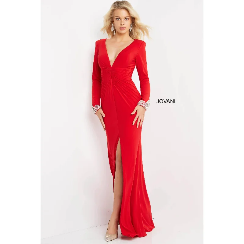 Crazy Price Slashing Artful Design Jovani Red Plunging Neck Long Sleeve Prom Dress 07320