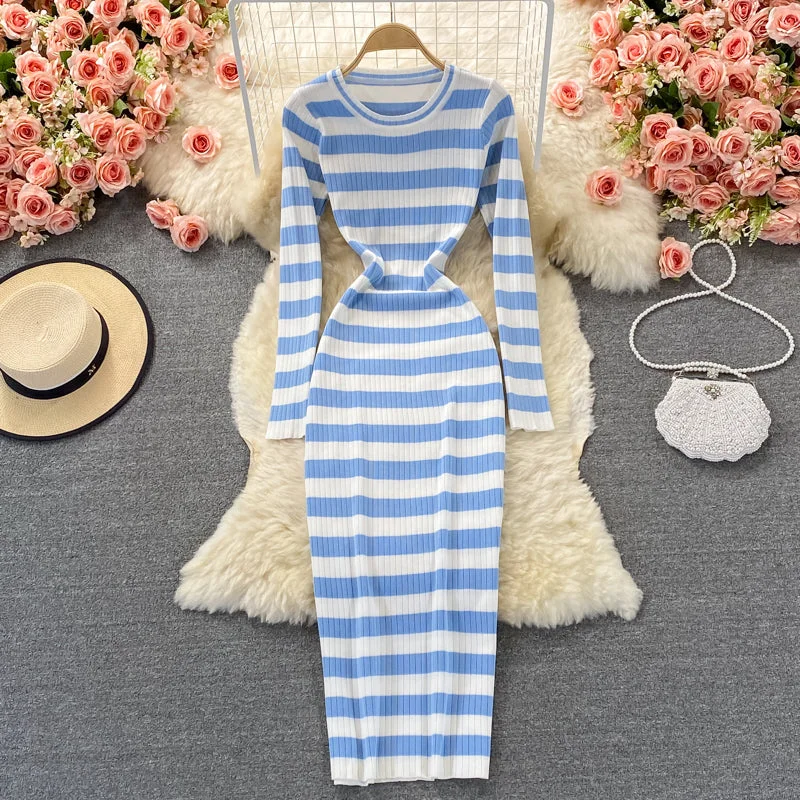 Limited Stock, Big Discounts Exquisite Craftsmanship Elastic tight round neck Long Sleeve Striped knitted dress  2853