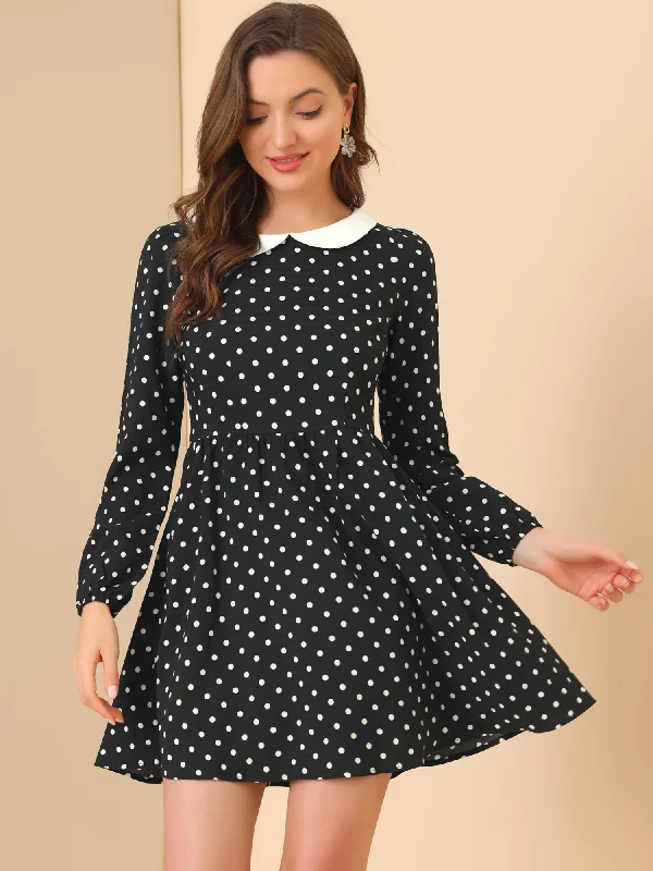 Seasonal Picks Vibrant Prints Retro Polka Dot Long Sleeve A-Line Contrast Peter Pan Collar Dress