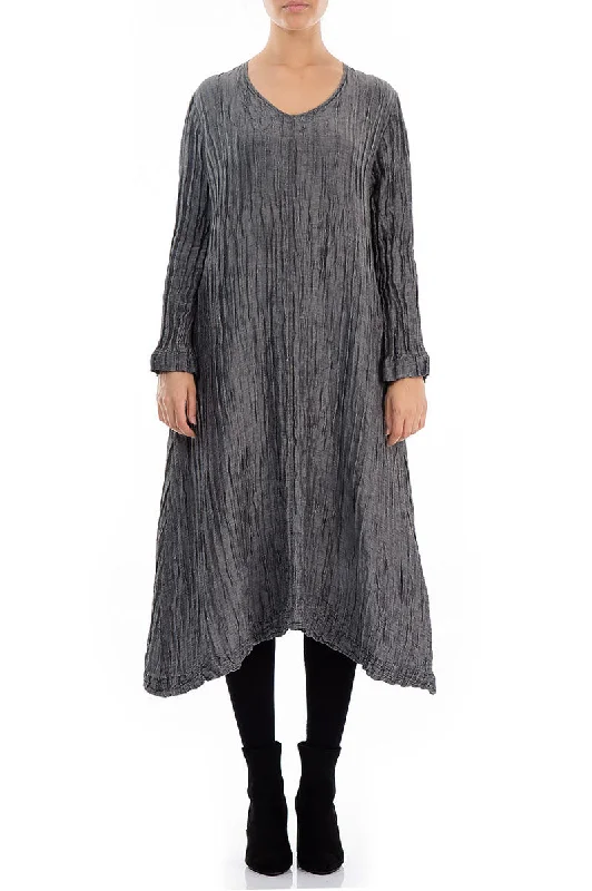 Modern Chic Discounts Minimalist Elegant Long Sleeves Crinkled Silver Silk Linen Dress