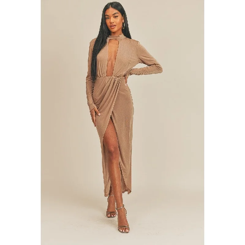 Trendy Women'S Wear Collection Feminine Soft - Hued Look Long Sleeves Pecan Brown Open Front Dress