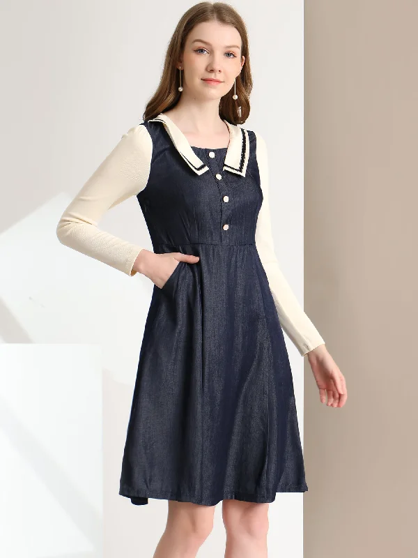 Summer Deals Soft Textures Chambray Contrast Collar Long Sleeve Fit and Flare Denim Dress