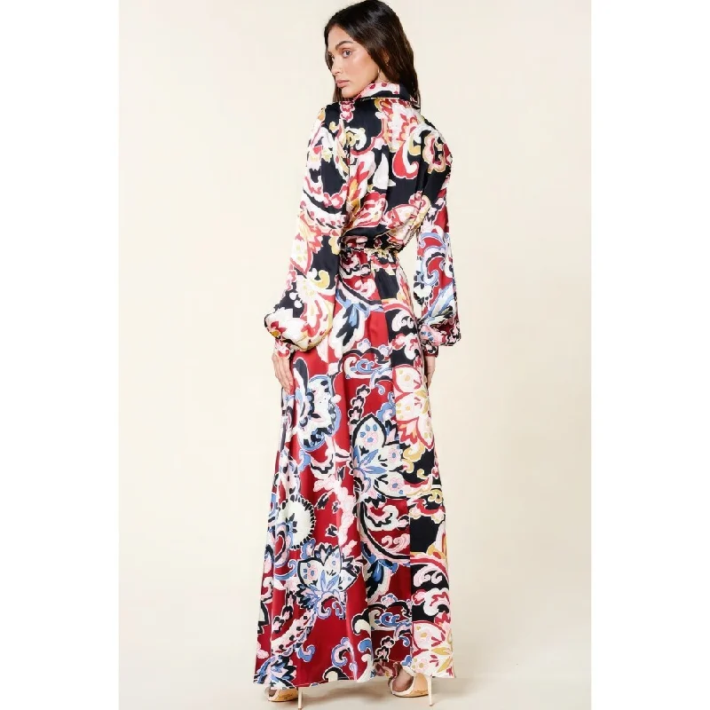 Sleek Style Discounts Vibrant Prints Long Sleeve Color Block Printed V Neck Dress