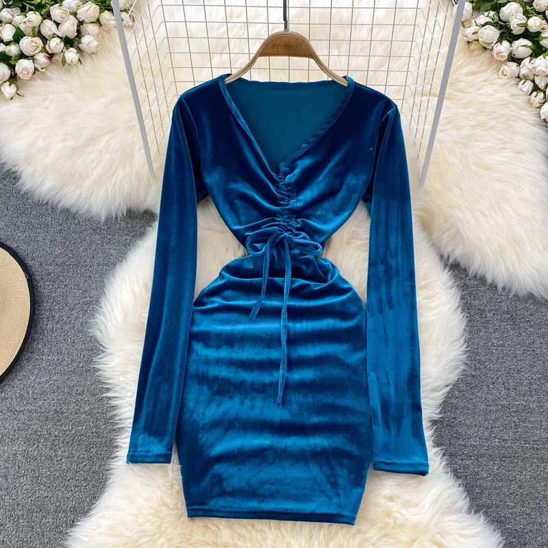 Ride The Style Wave Limited - Stock Sexy V Neck Velvet Long Sleeve Dress Fashion Dress  10864