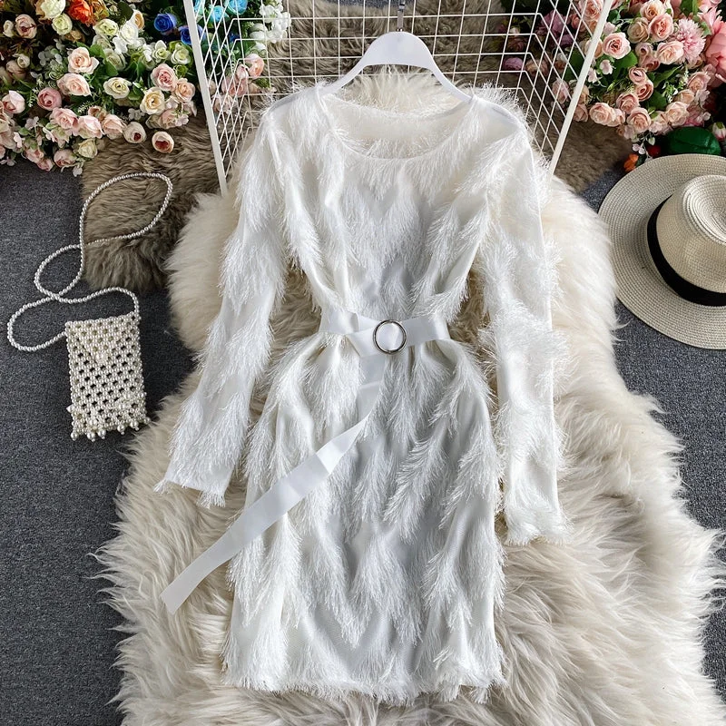 Explore What'S New Luxury Style Round neck fluffy long sleeve Hip Wrap A-line skirt  2880