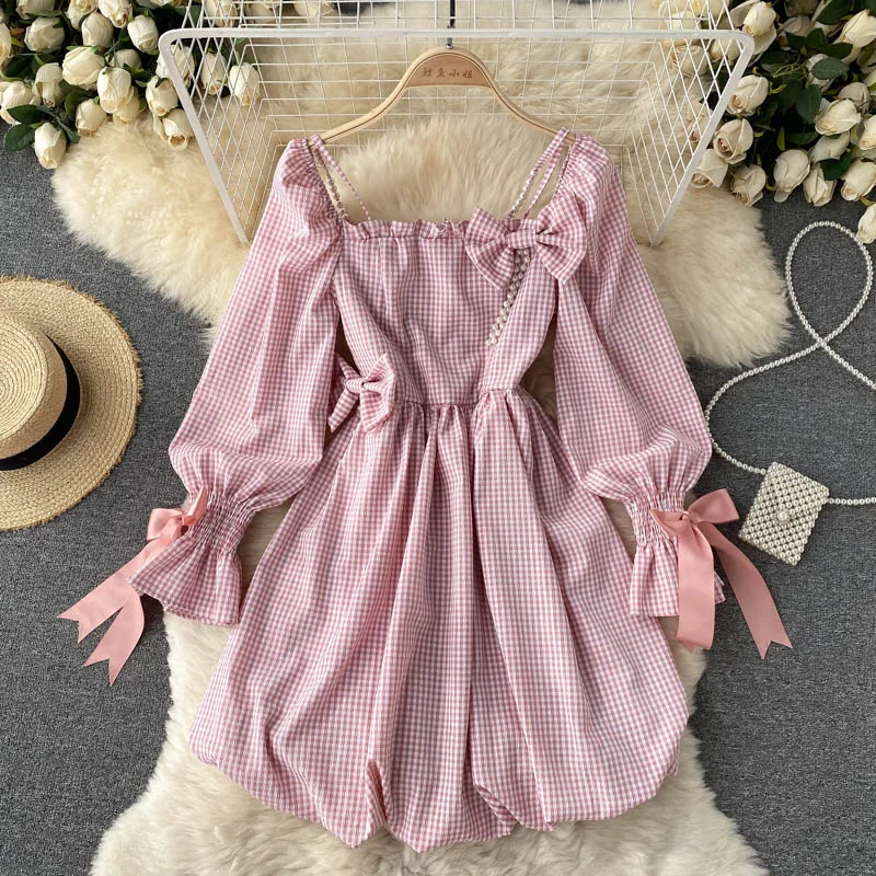 Trendy Pulse Nordic Minimalist Home Look Cute Plaid Long Sleeve Dress Fashion Dress  10907